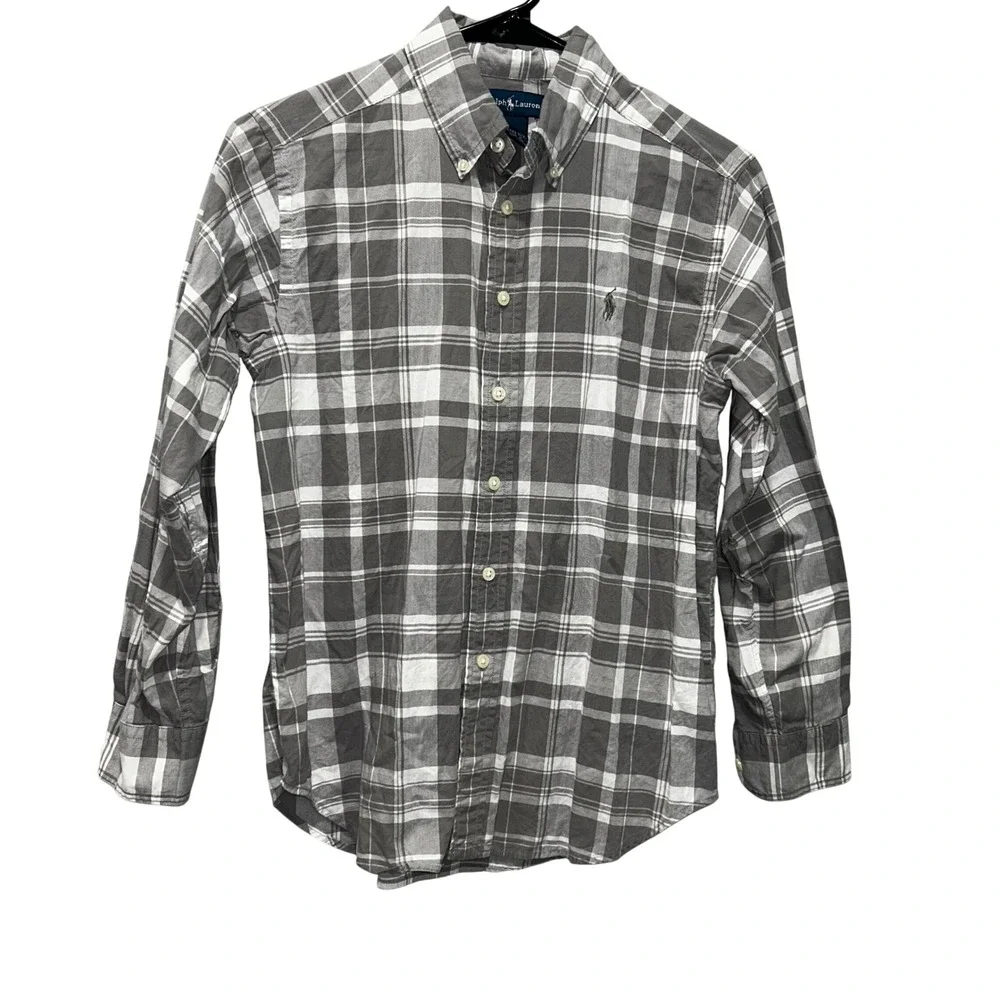 Ralph Lauren‎ Boys Grey White Plaid Button Down Shirt Size M 10-12 Long Sleeve
